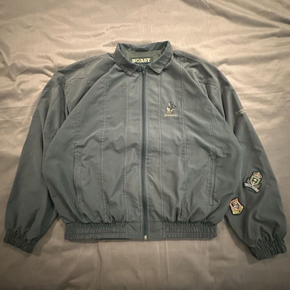 Vintage 80s Boast Windbreaker Jacket Mens Medium Green Golf Embroidery Patches